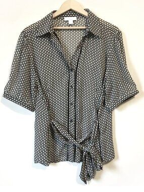 Dressbarn Semi Sheer Geometric Button Down Belted Shirt XL Retro Mod Rockabilly